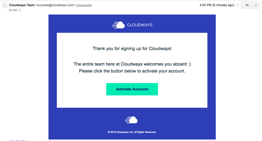 CloudWays Activation Email